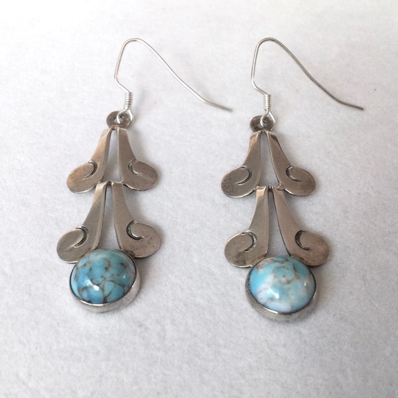 Vintage Larimar & Sterling Drop Earrings - Stamped JNN Hecho En Mexico 925 - Picture 2 of 9